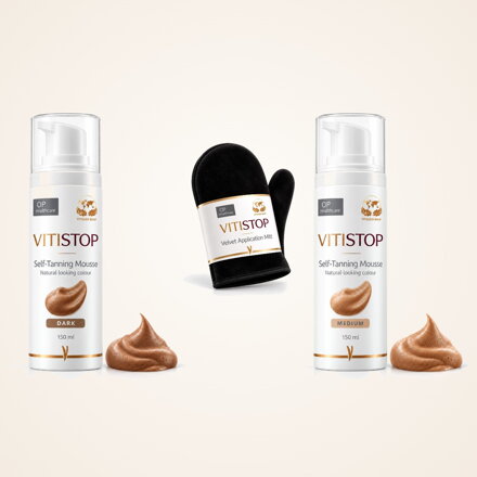 Vitistop samoopalovací pěna a aplikační rukavice Velvet na kamufláž vitiliga
